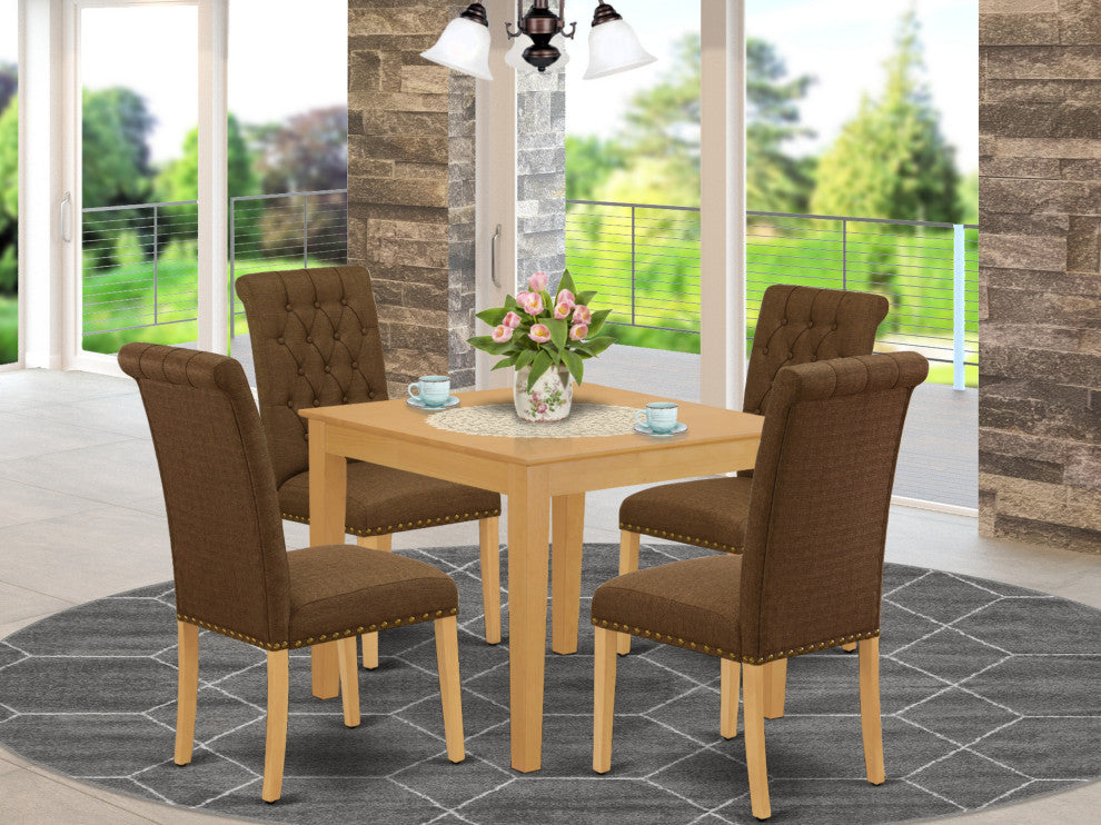5Pc Dining Set, Square Table, Four Chairs, Dark Coffee Fabric, Oak Finish