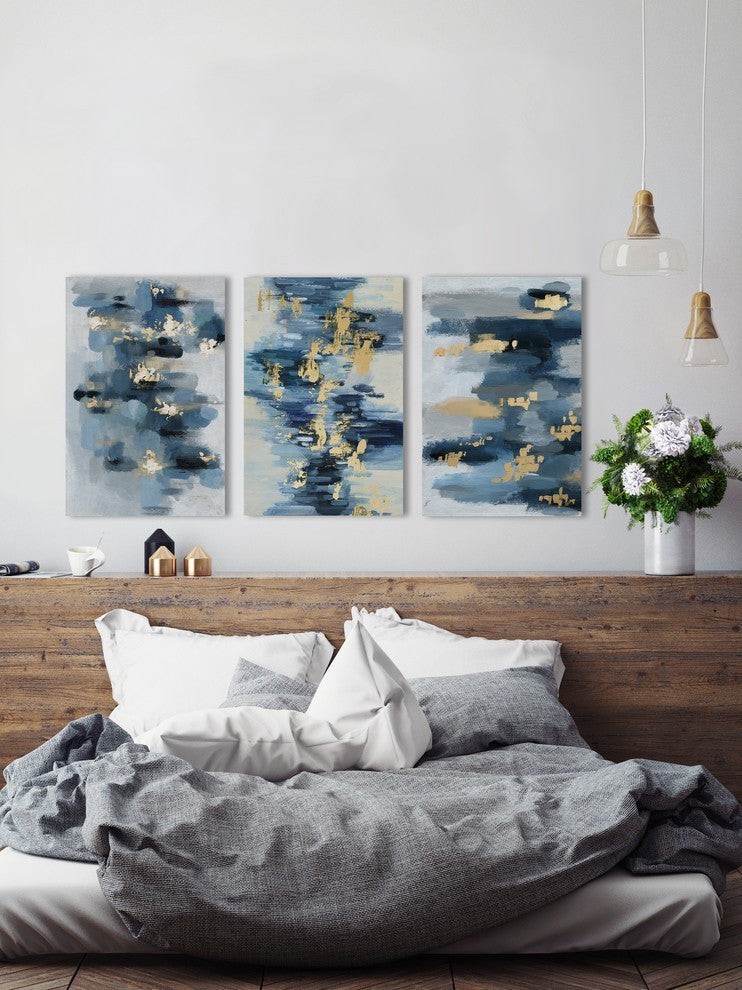 Gold Water Reflection Triptych, 24"x12"