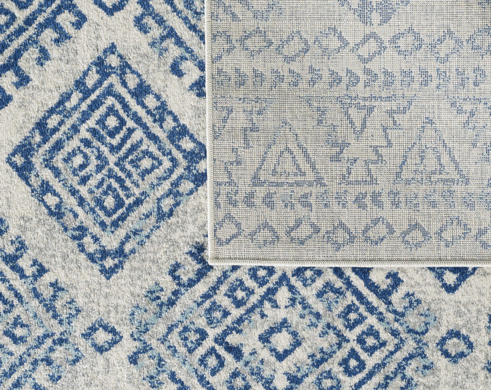 7'X12' Ivory Blue Machine Woven Distressed Geometric Indoor Area Rug