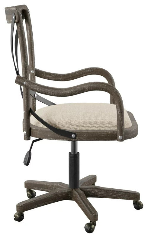Rustic Office Chair, Wooden Frame With Cushioned Seat & X-Shaped Metal Backrest