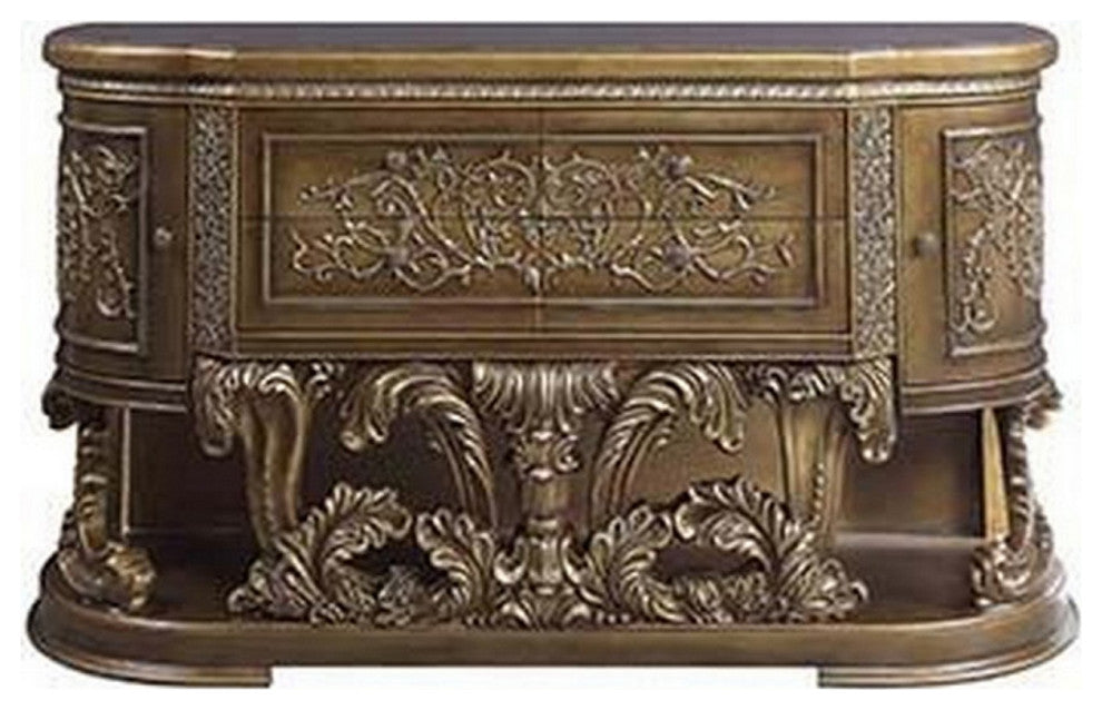 Benzara BM251167 Dresser With Scrolled Carvings & Half Moon Shape, Antique Gold