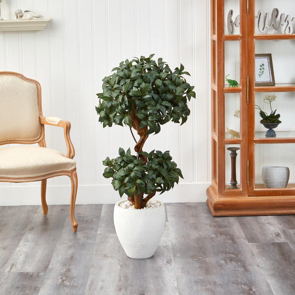 45" Sweet Bay Double Ball Topiary Artificial Tree, White Planter
