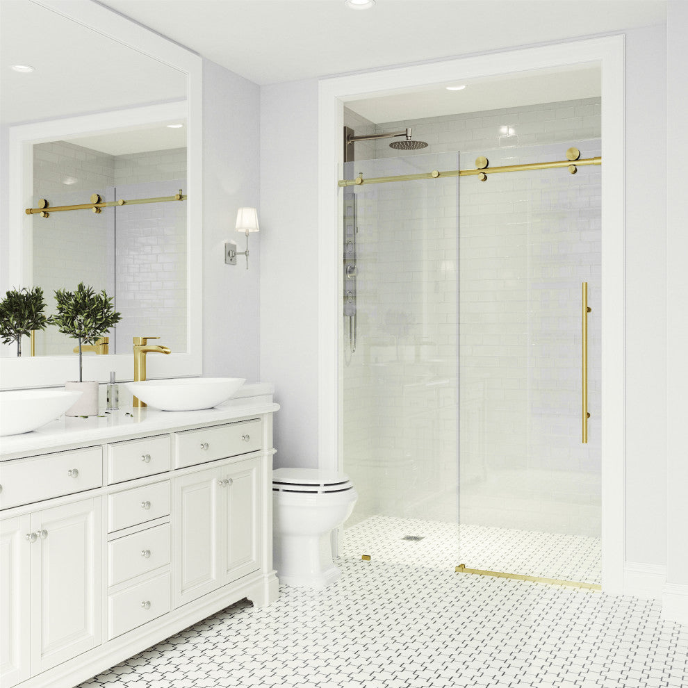 VIGO Elan E-Class 52" to 56" W x 76" H Frameless Sliding Shower Door, Matte Gold, Clear Glass
