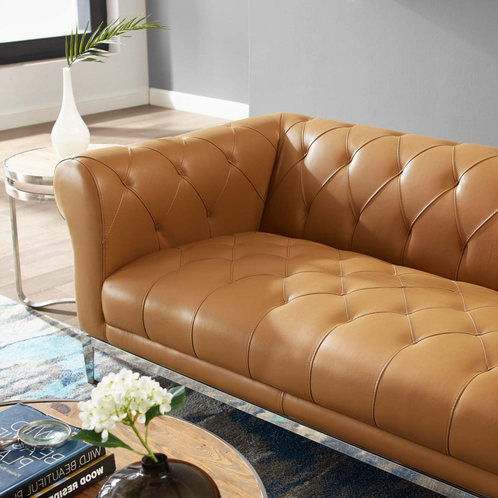 Modern Designer Living Room Lounge Club Lobby Loveseat Sofa, Leather, Tan Brown