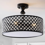 Elise 17" 3-Light Crystal and Metal Drum Semi-Flush Mount, Black