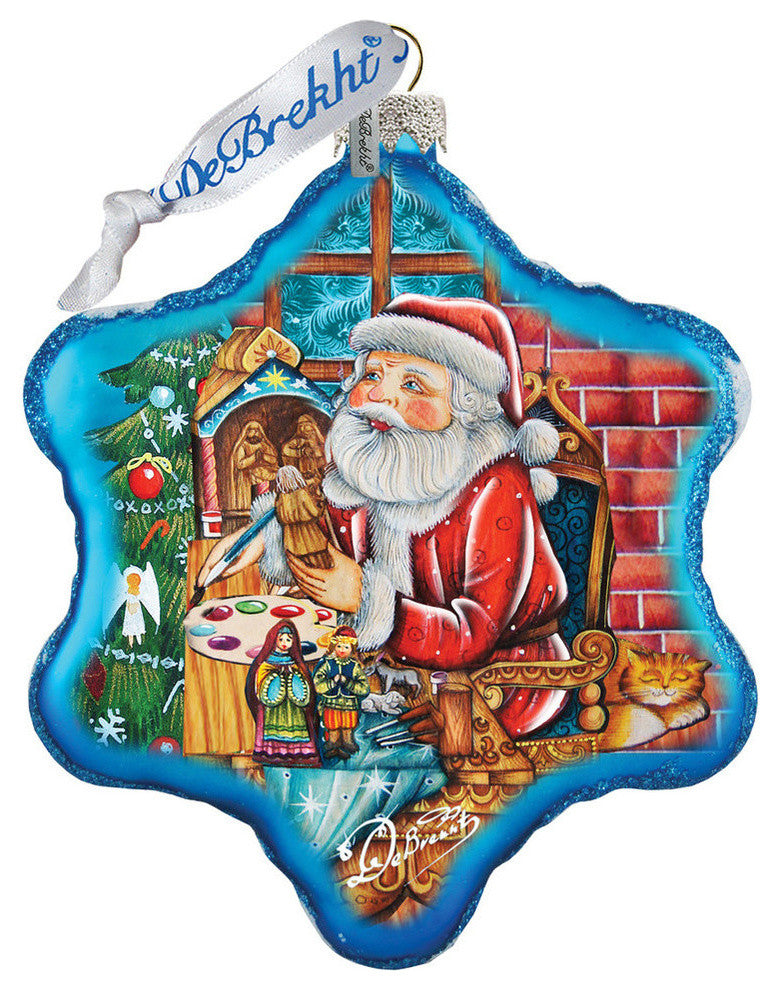 Hand Painted Nativity Workshop Snowflake Glass Scenic Ornament