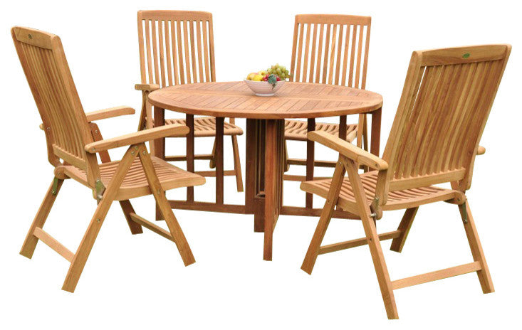 5-Piece Outdoor Teak Dining Set, 48" Round Butterfly Table, 4 Marley Arm Chairs