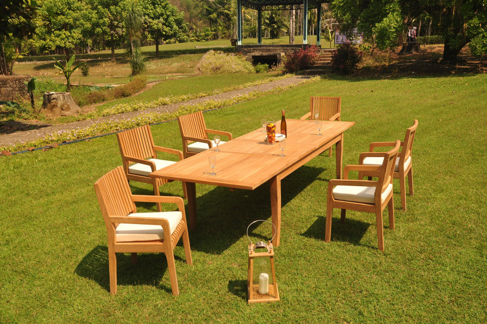 7-Piece Outdoor Teak Set: 122" X-Large Rectangle Table, 6 Maldives Arm Chairs