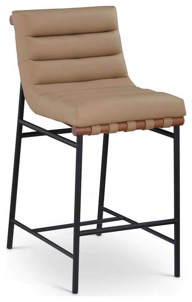 Burke Counter Stool, Tan, Vegan Leather, Walnut Veneer Metal Dowel