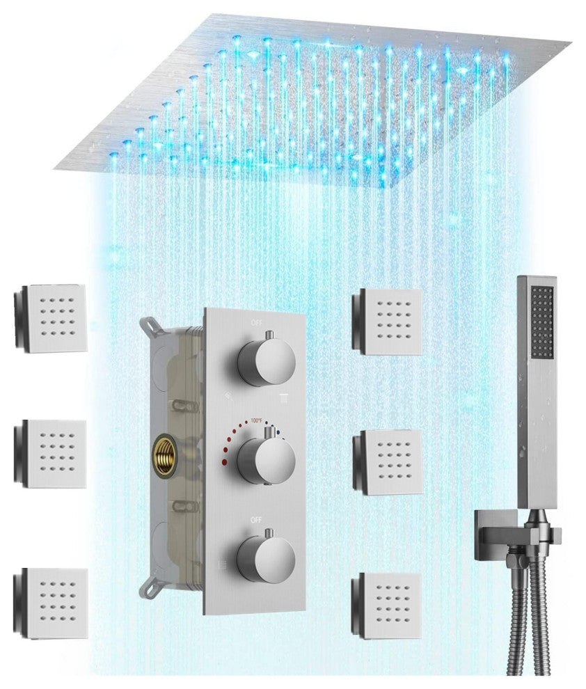LED Thermostatic Shower System 12" Rain Shower Head with 6 Body Jets, Brushed Nickel