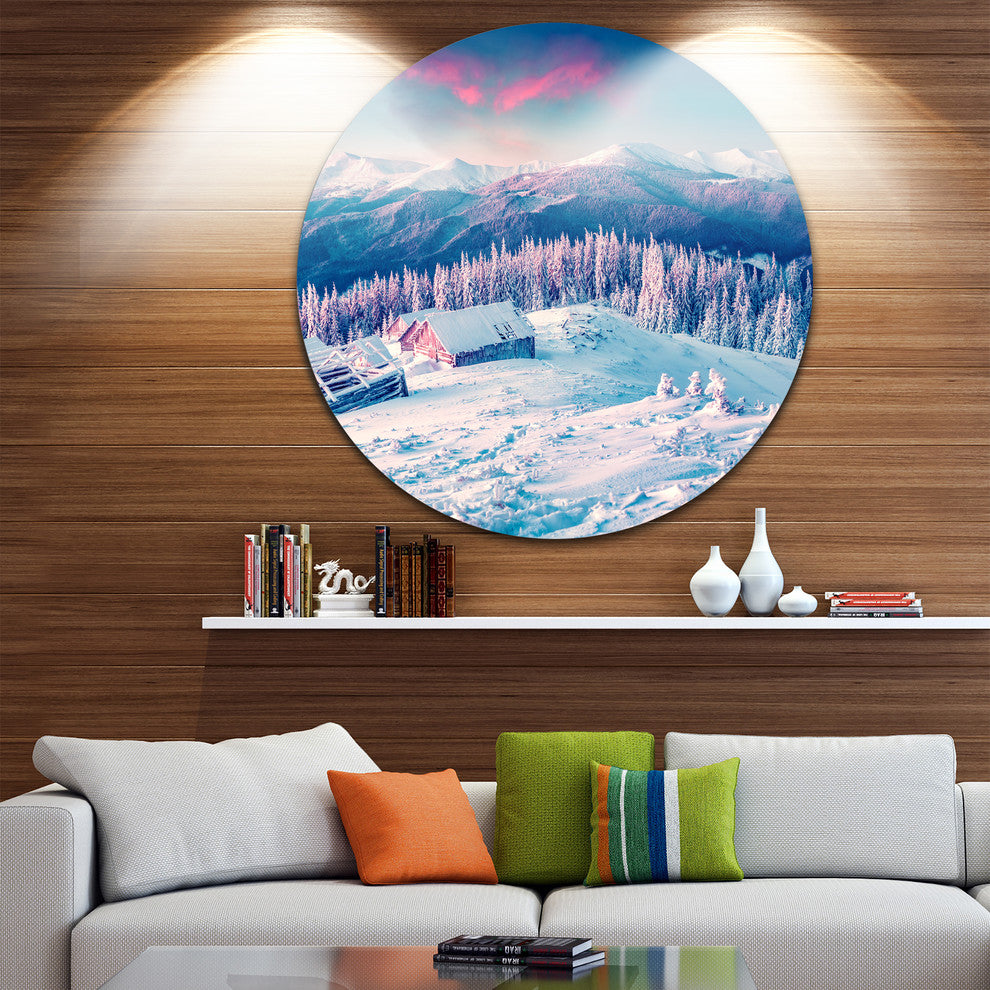 Winter Morning In Carpathian, Landscape Photo Round Metal Wall Art, 36"