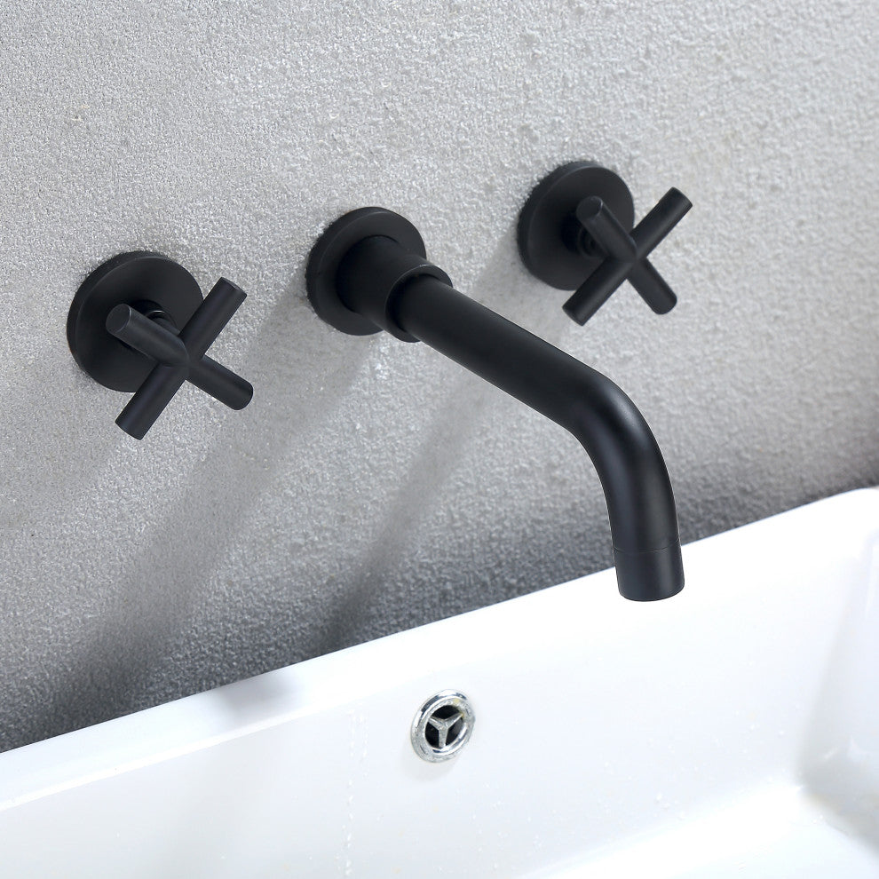 Three Holes Dual Handles Wall Mounted Bathroom Sink Faucet, Matte Black