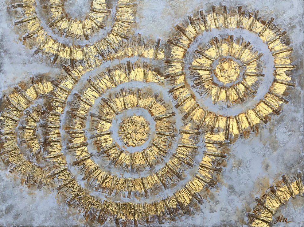 "Shiny Gold Circles" Abstract Canvas Art Hand Painted on Wrapped Canvas