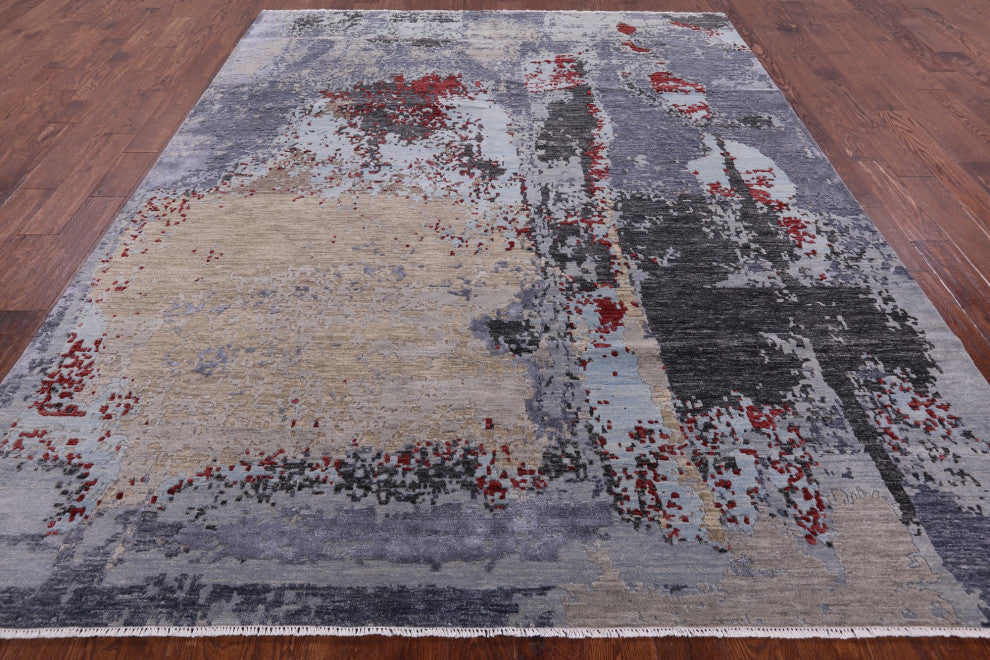 8' 1" X 10' 3" Contemporary Hand Knotted Wool and Silk Rug Q4771