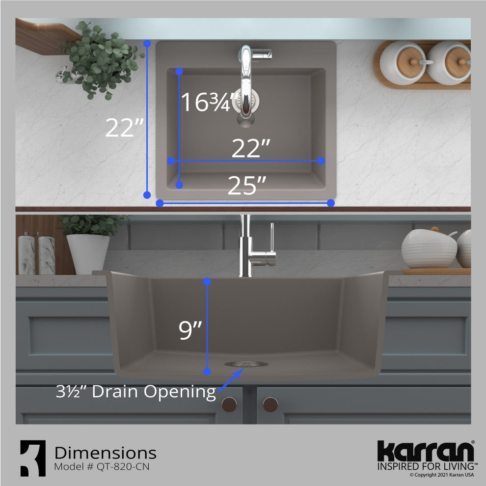 Karran QT-820 Top Mount 25" Single Bowl Quartz Kitchen Sink, Concrete