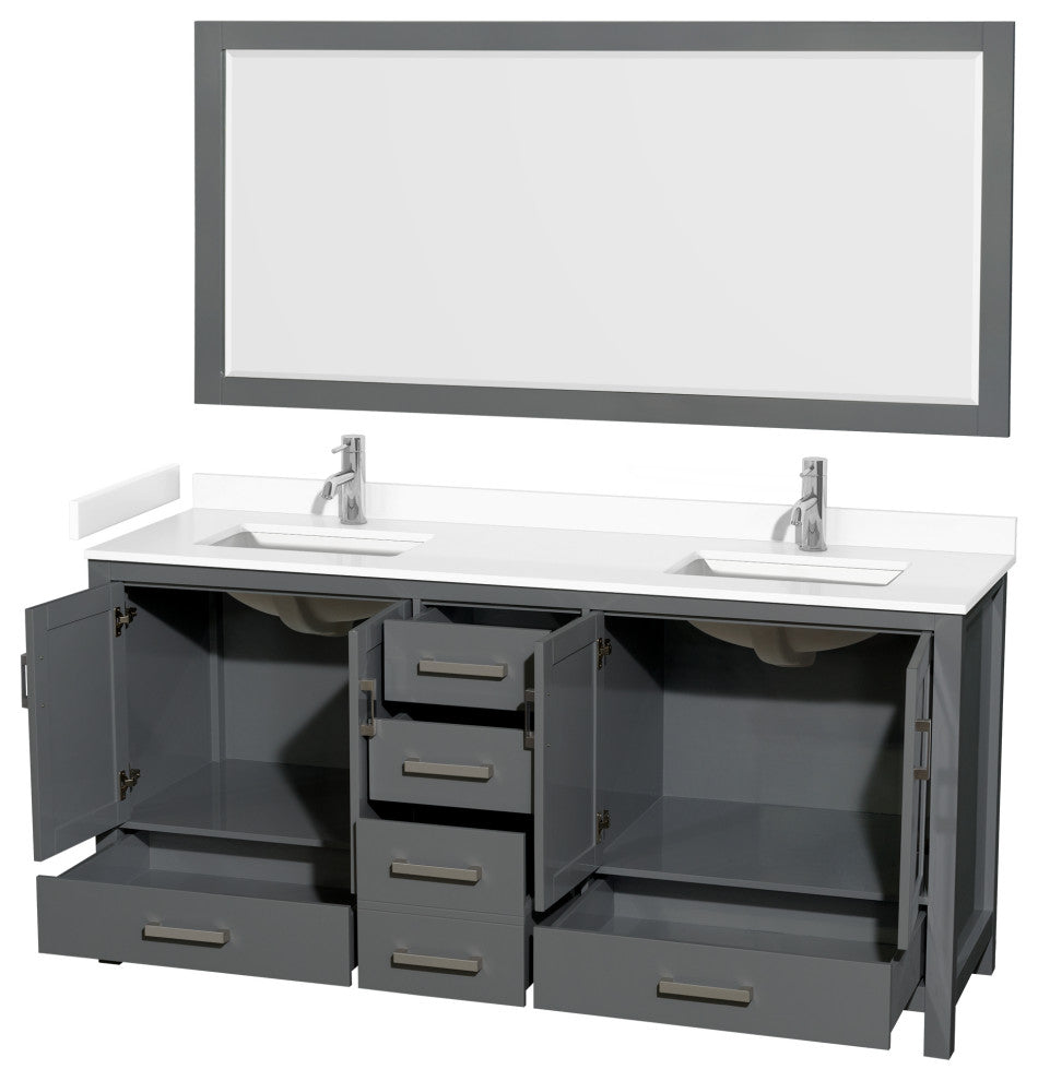72"DBL Bathroom Vanity Dark Gray, White Cult.Marble Countertop, Sinks, 70"Mirror