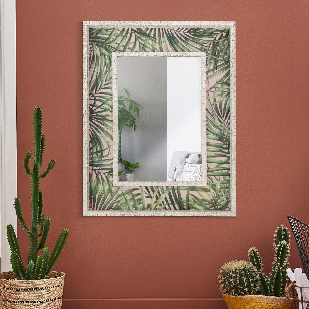 Tropical Leaves Print Distressed White Raised Lip Double Framed Accent Mirror