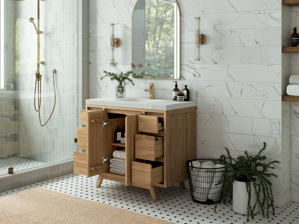 Madison Teak 42 Single Sink Bath Vanity in Light Natural 1.5" White Quartz