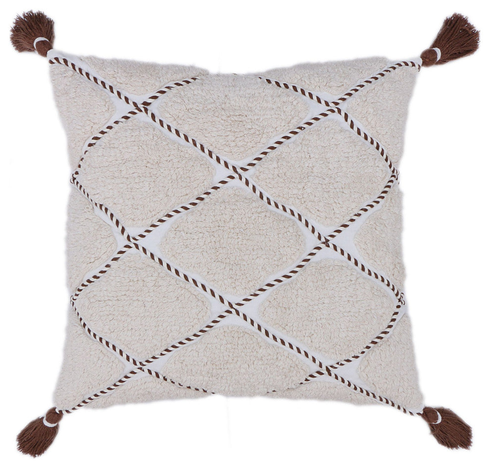 White Tuffted with Tassels Lynn Throw Pillow, 20" x 20"