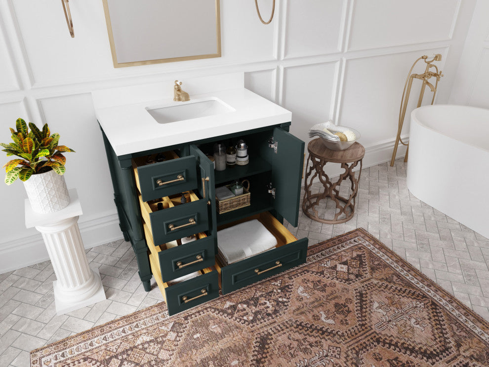Aberdeen 36 Center Sink Bath Vanity in Dark Forest Green 2" White Quartz