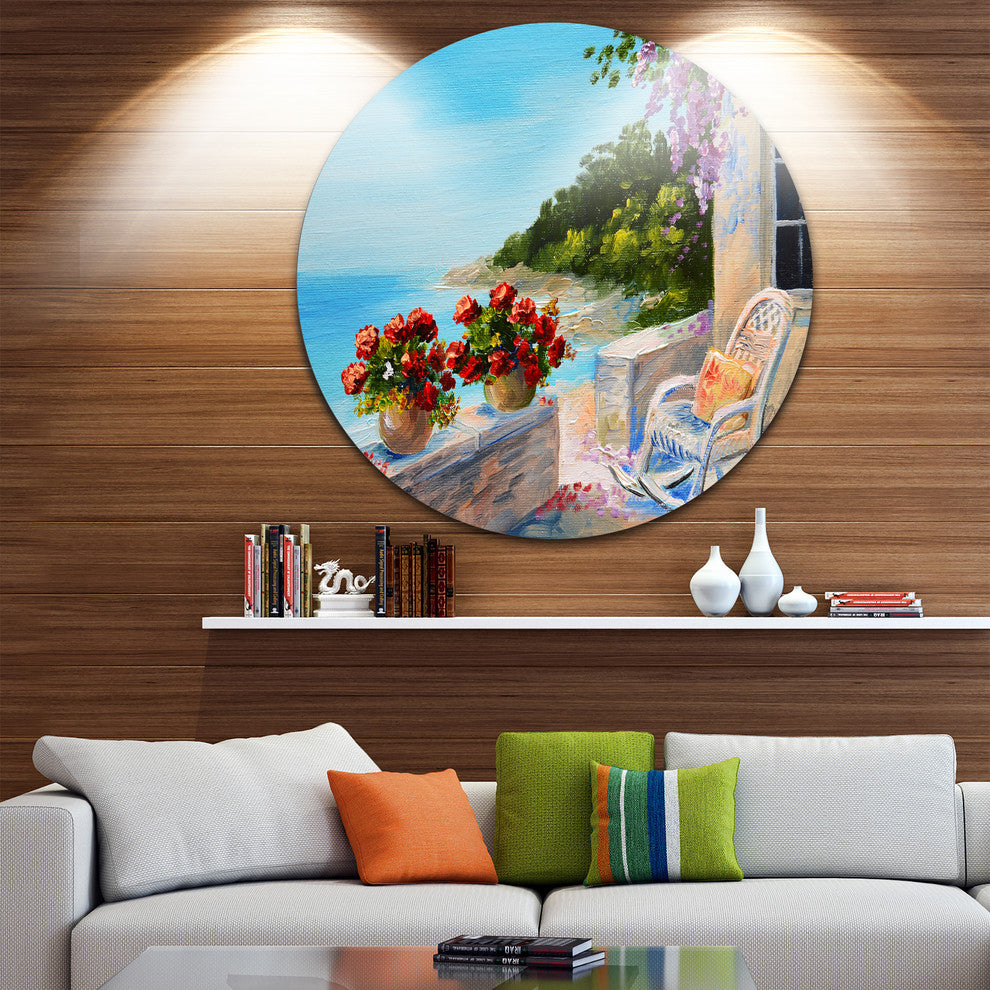 Balcony Near The Sea, Landscape Painting Disc Metal Artwork, 23"
