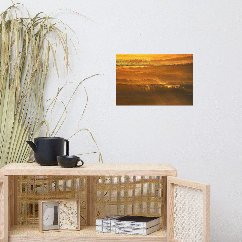 Faux Wood Golden Mist Valley - Hills & Mountain Range Wall Art Prints, 12" X 18"
