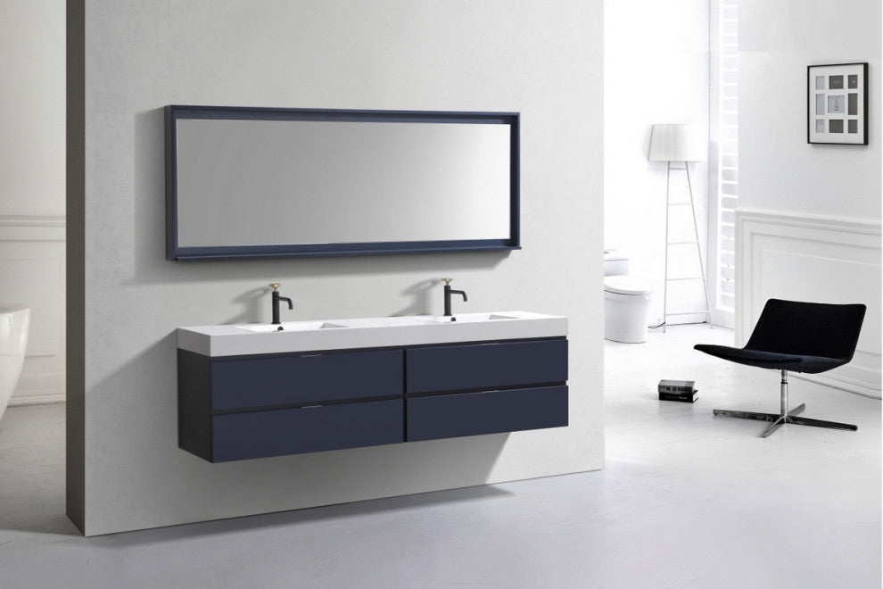 Bliss 80" Double Sink Wall Mount Bathroom Vanity, Blue