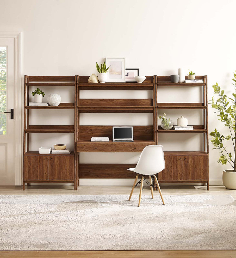 Bixby 3-Piece Wood Office Desk and Bookshelf, Walnut