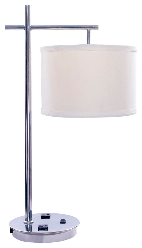 26" Tech-Friendly Metal Table Lamp in Chrome Fishich With 2 Convenience Outlets