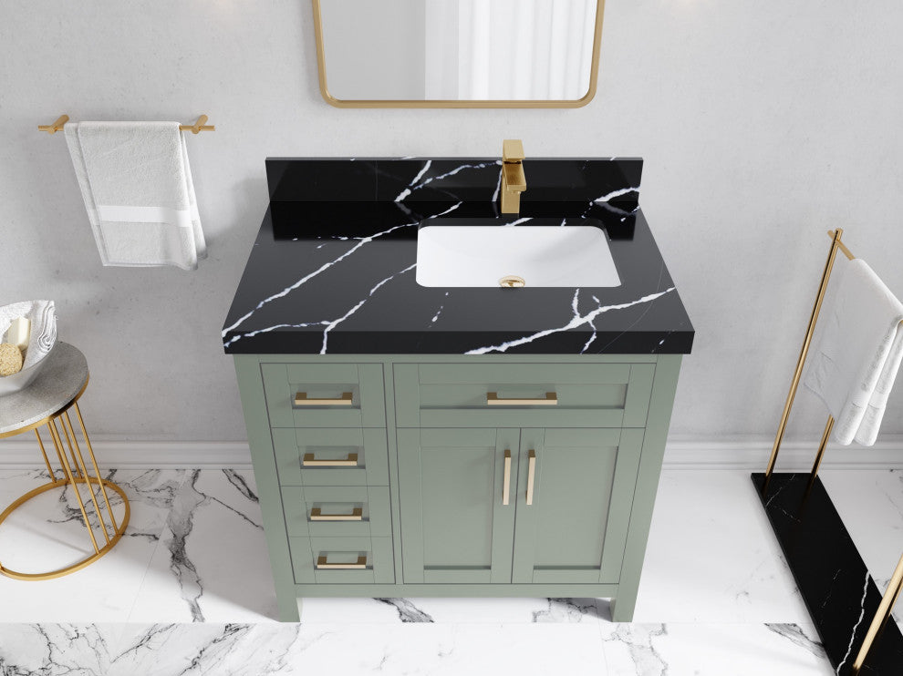 Cambridge 36" Right Offset Bath Vanity in Evergreen 2" Calacatta Black