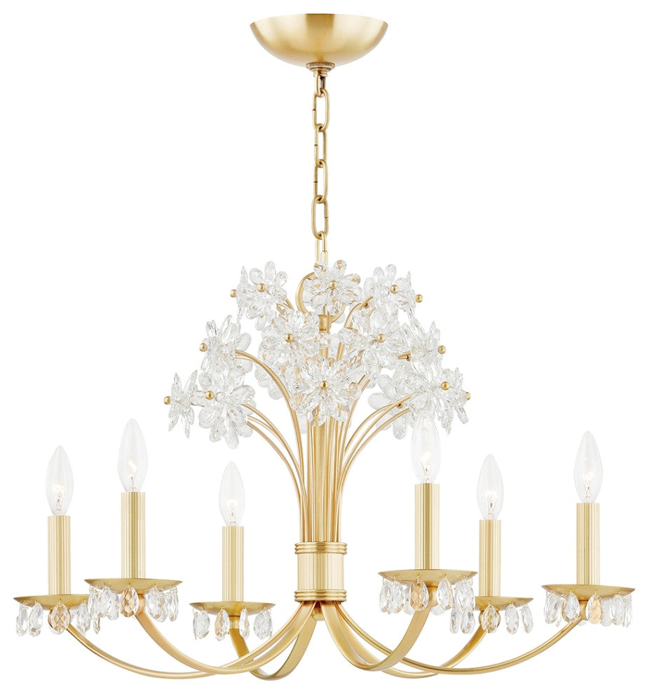 Beaumont 6 Light Chandelier, White Glass, Aged Brass