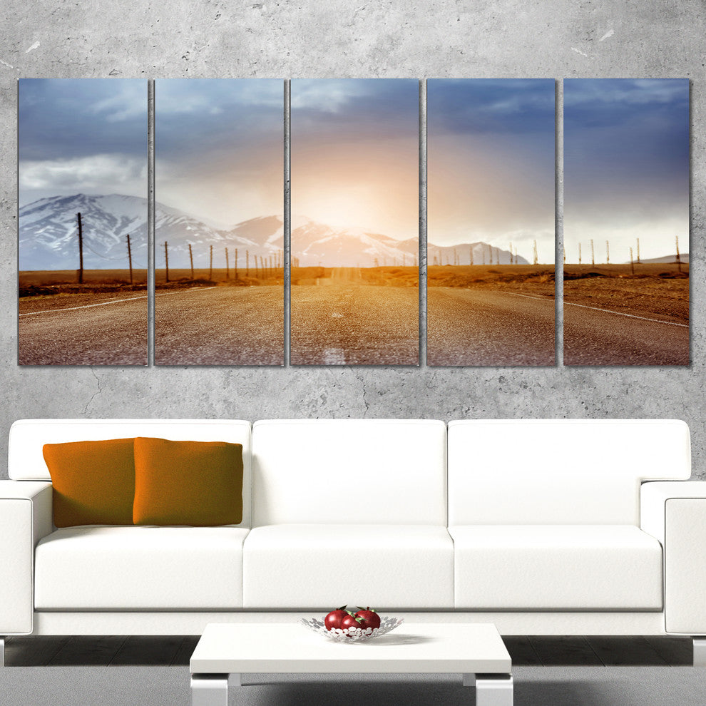Straight Road under Blue Sky, Large Landscape Canvas Art, 60"x28", 5 Panels