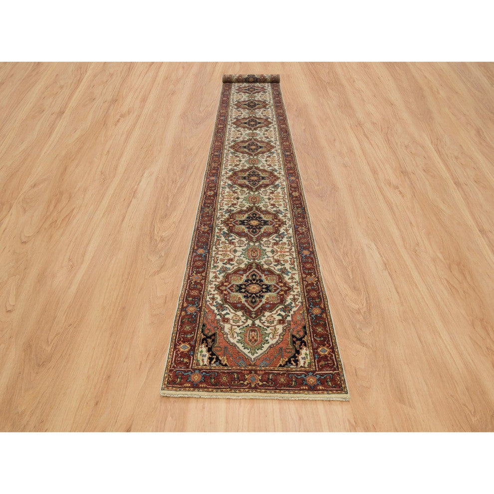 Ivory Wool Heris Re-Creation Hand Knotted XL Runner Oriental Rug, 2'6"x18'