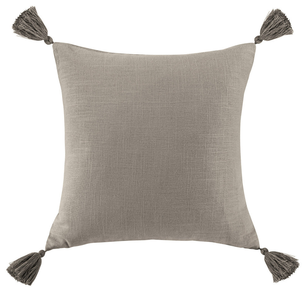 Luna Washed Linen Tasseled Square Pillow, 18"x18", Taupe
