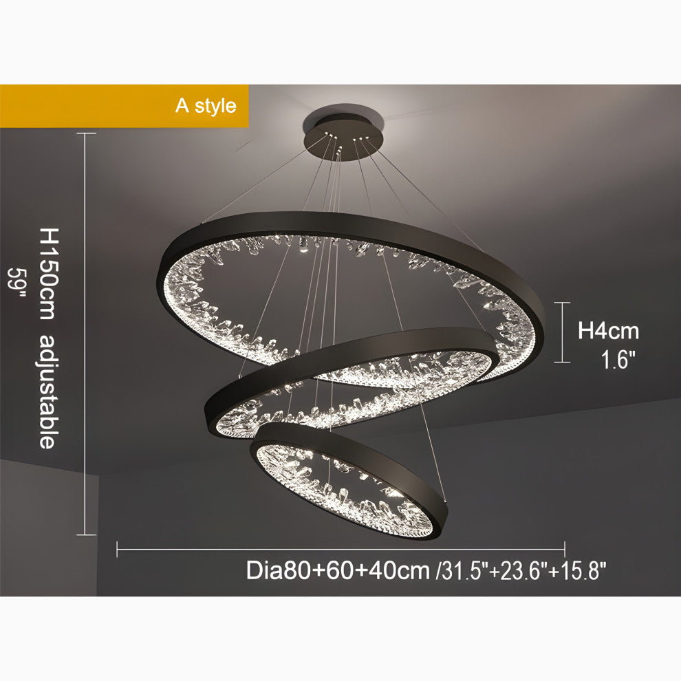 Altidona | Black Rings Modern Crystal Creative Luxury Hanging Led Chandelier, 3 Rings 1 Base