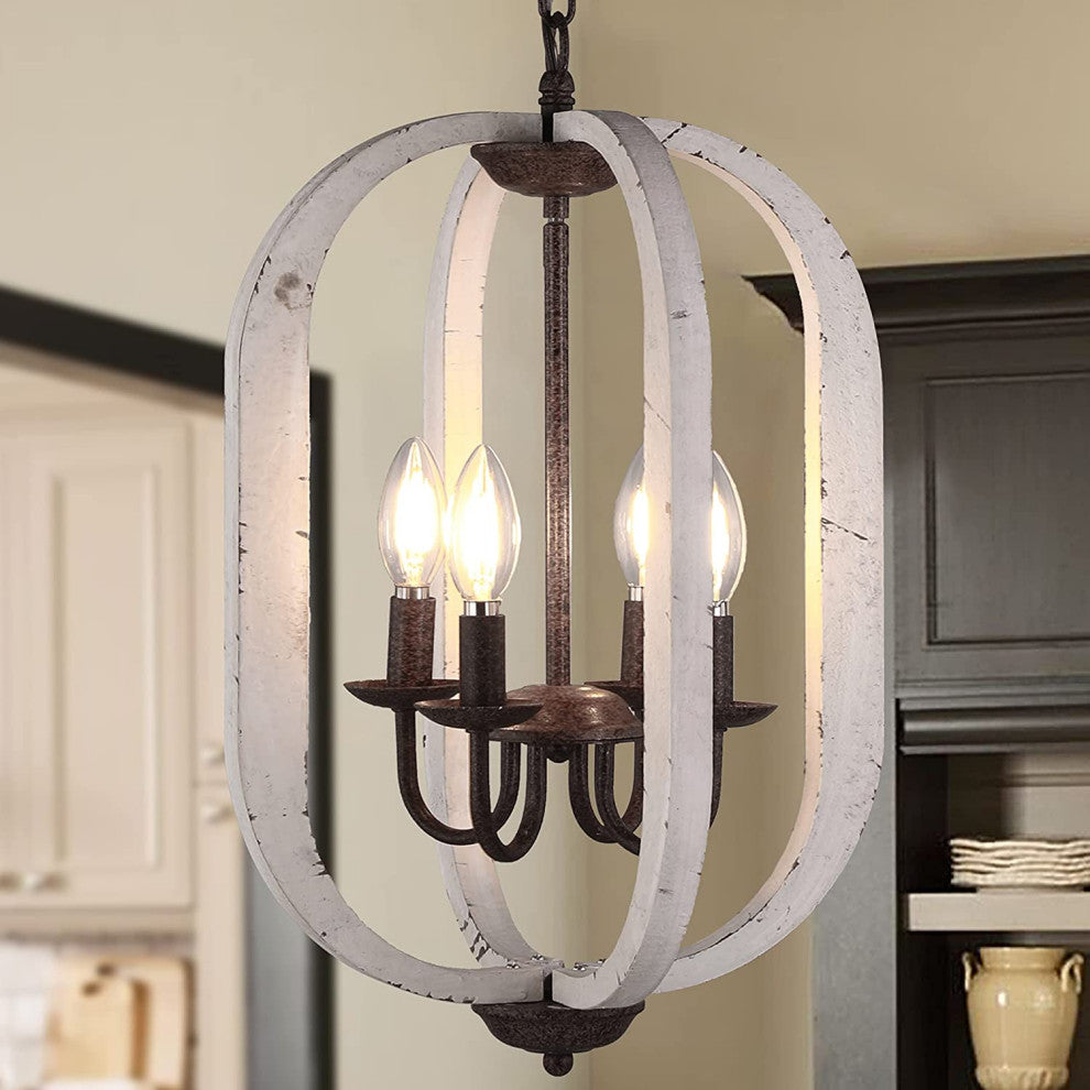 4 Light Wood Chandelier Mini Hanging Pendant Lighting With Retro White Finish