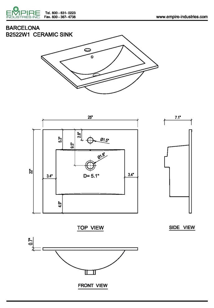 Unique 25"x22" Ceramic Vanity Top, White With Single-Hole Drilling