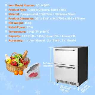 VEVOR Undercounter Refrigerator 24" Built-in 2 Drawer Refrigerator Fridge SUS