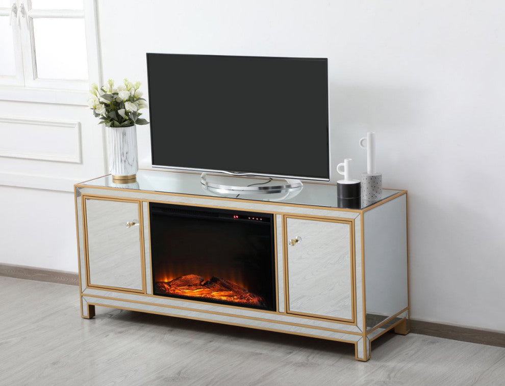 Rosie 60" Mirrored TV Stand With Wood Fireplace, Gold