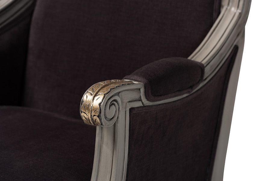 Georgette French Inspired Brown Velvet Gray Armchair With Goldleaf Detailing