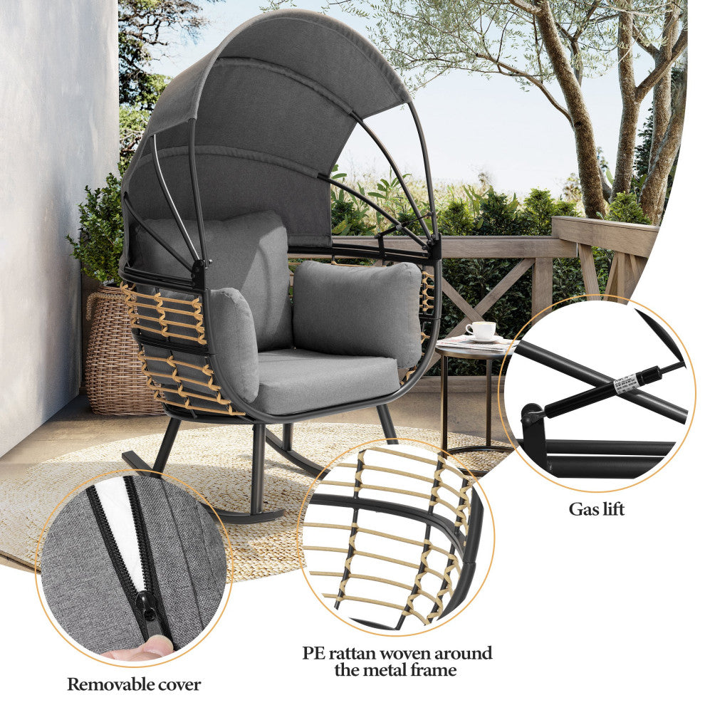Egg Chair Outdoor Aluminum Rocking Lounge With Folding Canopy in Gray Finish, Gray