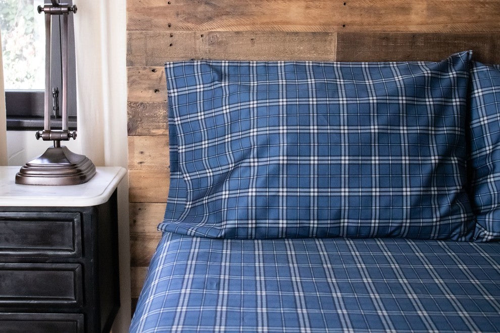 Plaid Print Matte Sateen Sheet Set, Navy, King
