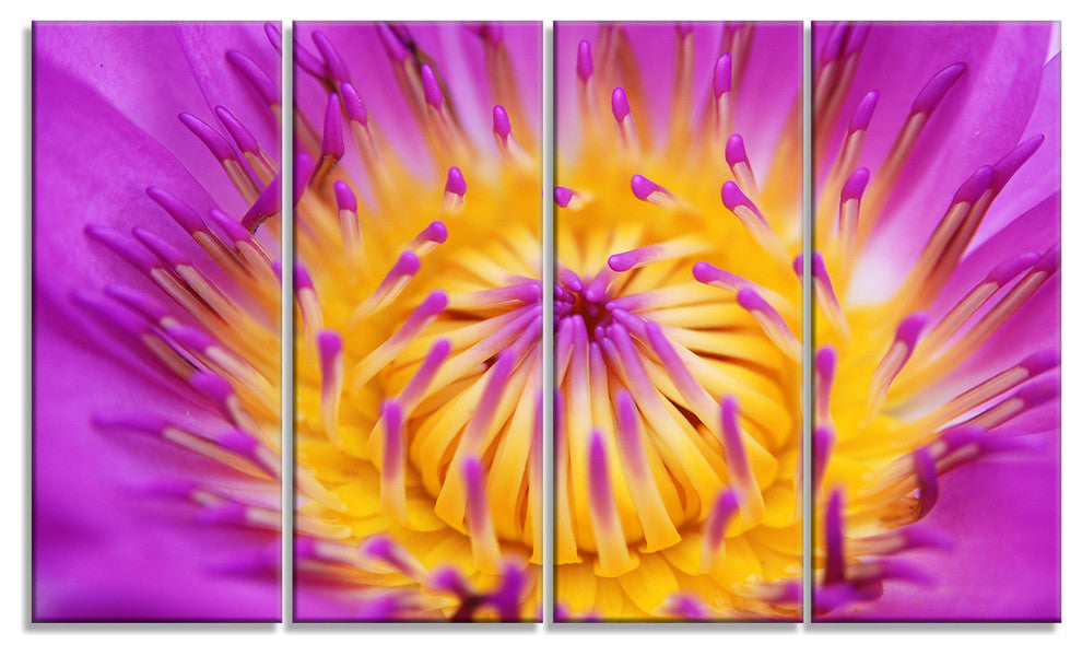 Pink Yellow Abstract Lotus Flower, Flowers Canvas Artwork, 48"x28", 4 Panels