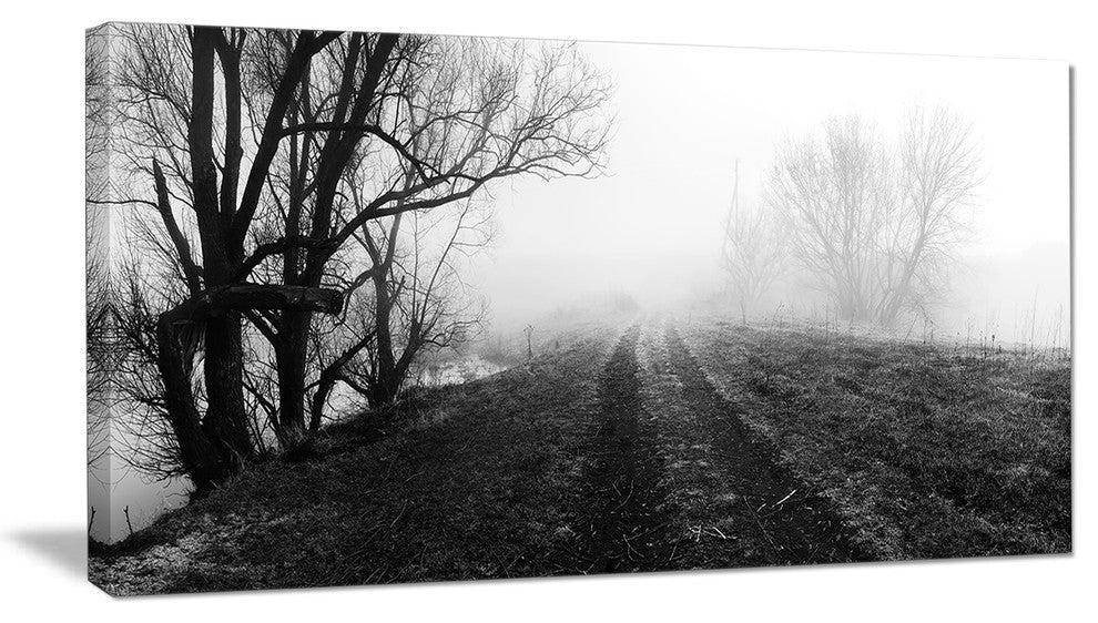 "Black And White Misty Landscape Panorama" Landscape Wall Art, 1 Panel, 60"x28"