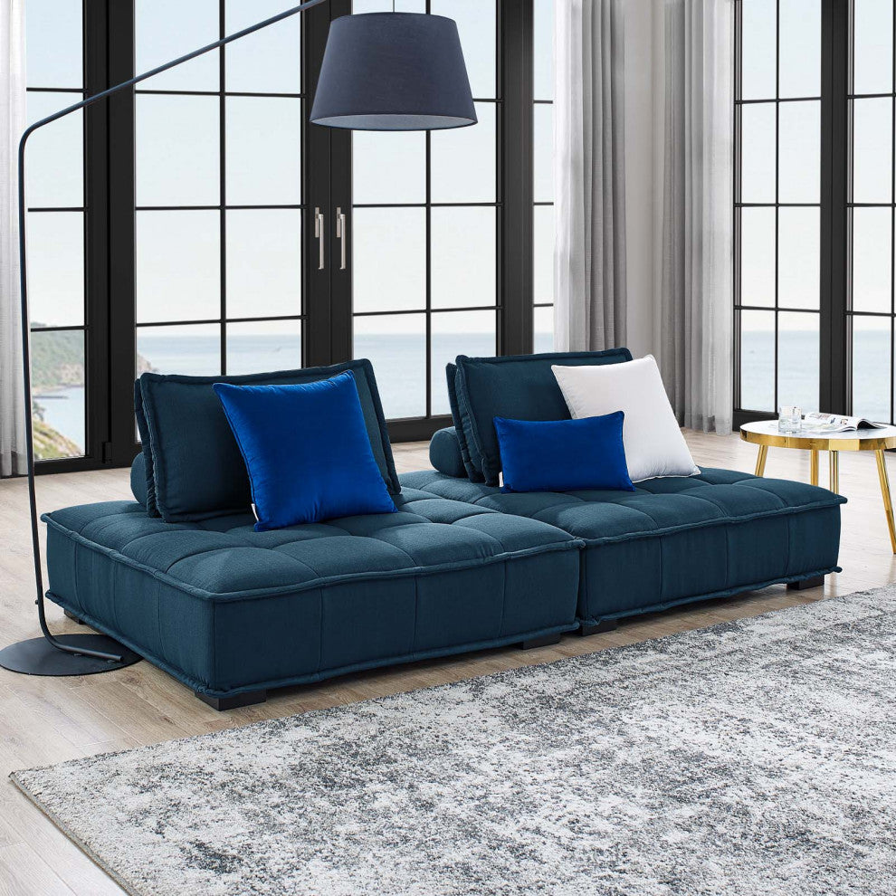 Tufted Loveseat Sofa Set, Fabric, Navy Blue, Modern, Living Lounge Hospitality