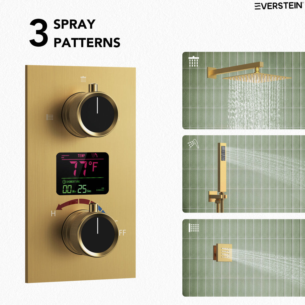 LED Temperature Digital Display Shower System With Body Jets, Brushed Gold, 12 Inches