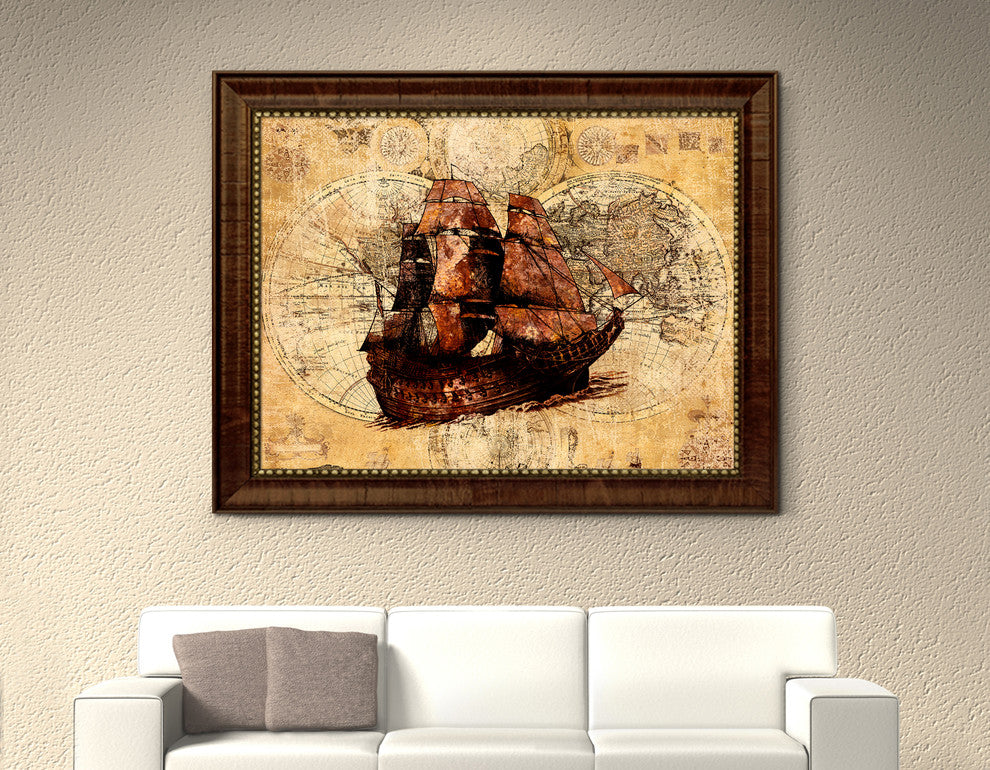 Boat Vintage Nautical Map Print on Canvas with Picture Frame, 21" x 27"