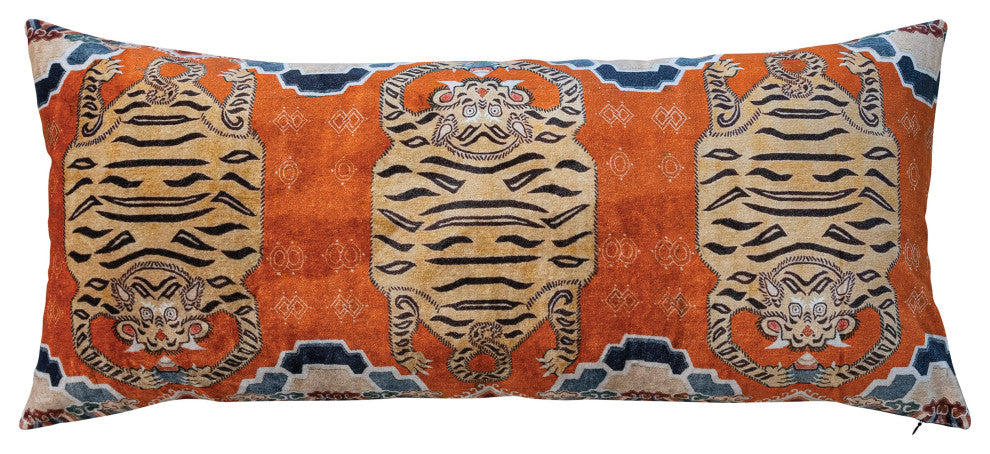 Cotton Velvet Tigers Pattern Lumbar Pillow, Multicolor