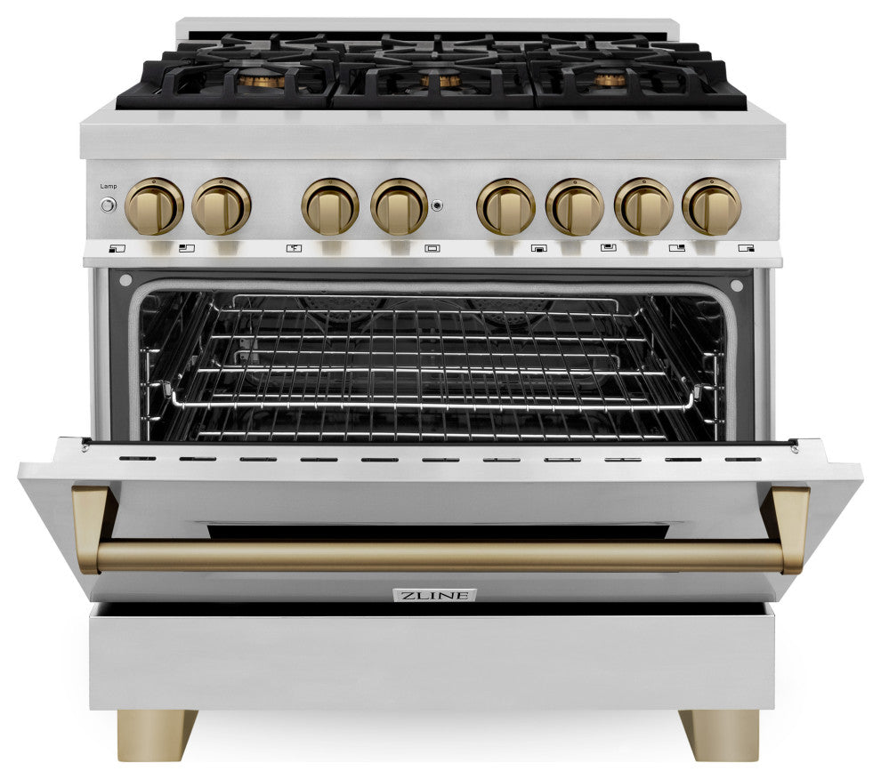 ZLINE 36" Dual Fuel Range, Stainless Steel With Champagne Bronze RAZ-36-CB