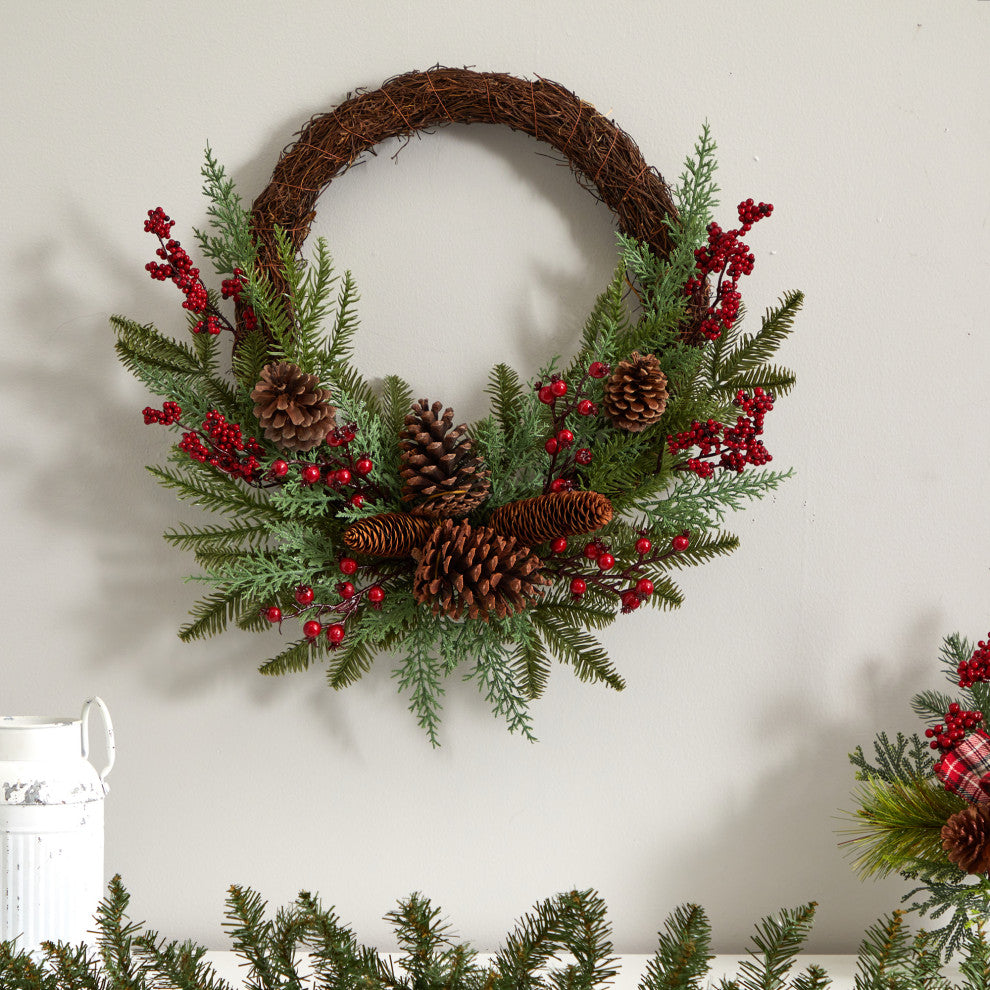 22" Mixed Pine and Cedar With Berries and Pine Cones Artificial Wreath NN4360